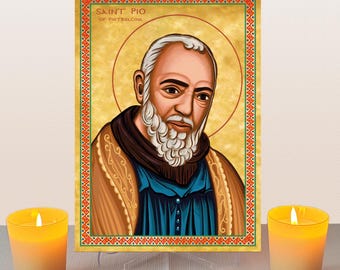 Saint Padre Pio icon,Religious icon,Canvas on Wood,Wall hanging,Clear Stand,A4 Size,Religious Gift,Pietrelcina,Roman Catholic Icon