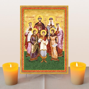 Tsar Nicholas II of Russia and Family icon,Orthodox icon,Canvas on Wood,Wall hanging,Clear Stand,Religious Gift,Royal Martyrs Romanov Family