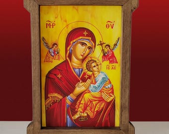 Our Lady of Perpetual Help,Opalescent Glass Orthodox Icon Wooden Frame,Mother Of God,Blessed Virgin Mary,Byzantine Orthodox icon,Greek Icona