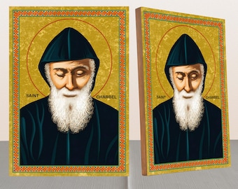 Saint Charbel icon,Religious icon,Canvas on Wood,Wall hanging,Clear Stand,A4 Size,Religious Gift,St Charbel Makhlouf icon
