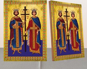 Saints Constantine and Helen icon,Orthodox icon,Greek icon,Canvas on Wood,Wall hanging,Clear Stand,Religious Gift
