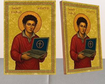 Saint Carlo Acutis icon,Religious icon,Canvas on Wood,Wall hanging,Clear Stand,A4 Size,Religious Gift,Catholic icon