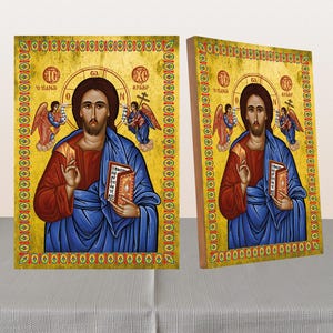 Pantocrator Jesus Christ icon,Orthodox icon,Greek Icon,Religious icon,Canvas on Wood,Wall hanging,Clear Stand,Byzantine icon,Religious Gift