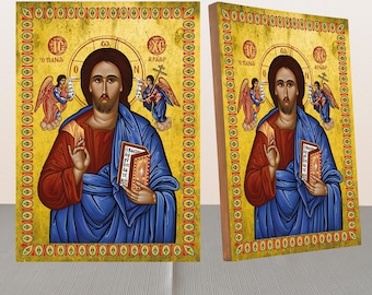 Pantocrator Jesus Christ icon,Orthodox icon,Greek Icon,Religious icon,Canvas on Wood,Wall hanging,Clear Stand,Byzantine icon,Religious Gift