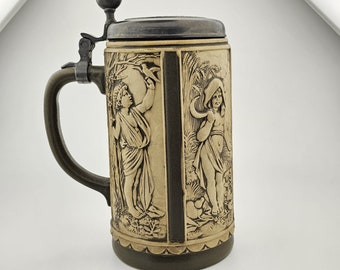 Original Gerzit Gerz Ceramic Beer Stein,Beer Mug with Zinn Lid Fairy Tale Motifs W.Germany