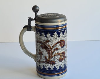 Original Gerz Beer Stein Beer Mug Floral Blue,German Lidded Zinn Beer Stein,German Beer Mug