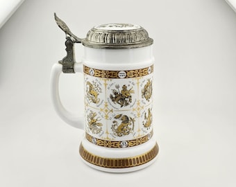Original BMF Horoscope Beer Stein Lidded Zinn Beer Mug,German Beer Stein,German Beer Mug,White Milk Glass