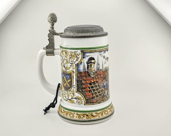 Original BMF Beer Stein Lidded Zinn Beer Mug,German Beer Stein,German Beer Mug,White Milk Glass