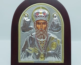 925 Silver St.Nicholas icon with Wooden Frame Handmade,Greek Icon