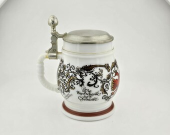 Original BMF Beer Stein Lidded Zinn Beer Mug,German Beer Stein,German Beer Mug,White Milk Glass