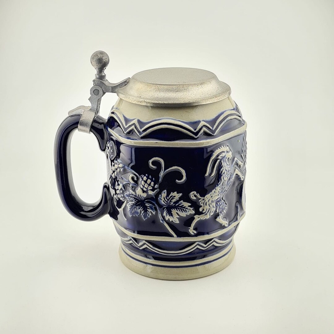 Original Gerz Beer Stein Beer Mug,blue Goat,german Lidded Zinn Beer