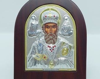 925 Silver ST.Nicholas icon with Wooden Frame Handmade,Greek Icon