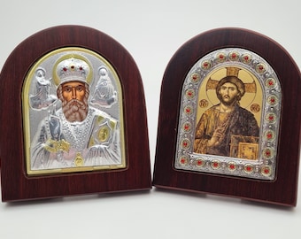 925 Silver Lord God's Wisdom and ST.Nicholas icons with Wooden Frame Handmade,Greek Icon