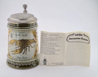 Original Gerz Beer Stein Beer Mug,German Lidded Zinn Beer Stein,German Beer Mug Horoscope Stein Cancer