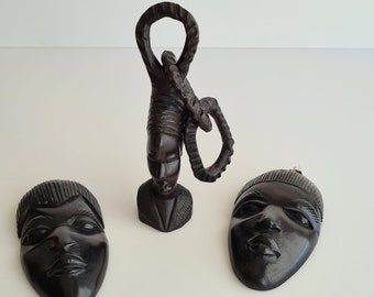 African Ebony Wood Masks and Women Figure with Chain,Hand Carved