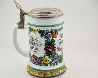 Original BMF Beer Stein Lidded Zinn Beer Mug,German Beer Stein,German Beer Mug,White Milk Glass