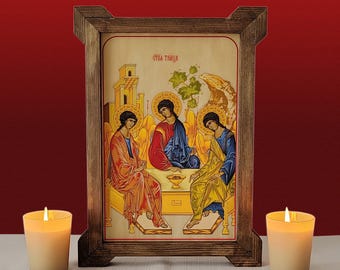 Holy Trinity by Andrei Rublev icon,Opalescent Glass Orthodox Icon,Wood Frame,Orthodox icon,Religious Gift,The Hospitality of Abraham