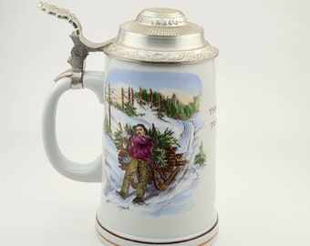 Vintage Germany GDR Porcelain Zinn Lidded Beer Stein