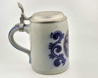Original Goebel Beer Stein,Blue Grey Salt Glazed Beer Mug,GOEBEL Merkelbach Salzglasur German Beer Stein,West Germany,Rooster