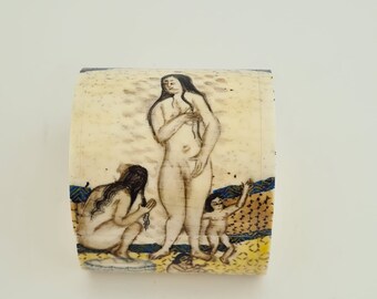 Vintage Camel Bone Erotic Hand Painted Trinket,Jewellery Box,Erotic Miniature Hand Paintings Bone Box
