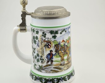 Original BMF Beer Stein Lidded Zinn Beer Mug,German Beer Stein,German Beer Mug,White Milk Glass