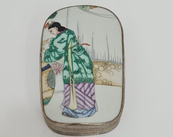Chinese Silver Plated Box with Porcelain Cover