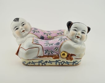 Vintage Chinese Unique Cute Beautiful Large Porcelain Headrest Ornate Child Boy and Girl Pillow Figurines