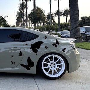 Può includere: Un'auto grigio chiaro con decalcomanie a farfalla nere sul lato. L'auto ha cerchi bianchi ed è parcheggiata su una superficie pavimentata. Le palme sono visibili sullo sfondo.