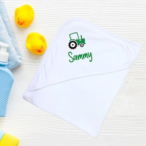 Personalised Tractor Baby Hooded Towel - More Tractor Colours available - Newborn Farm Gift
