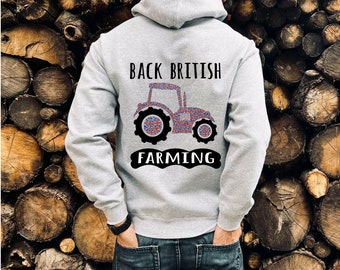 Back British Farming Hoodie: Union Jack Tractor, Marl Grey