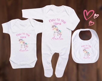 Personalised Unicorn Baby Clothes, Baby Girl Newborn Gift, Unicorn Bib, Bodysuit or Babygrow (Sold Separately)