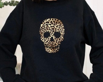 Ladies Leopard Print Skull Jumper  - Skull Jumper - Leopard Print Gift For Her