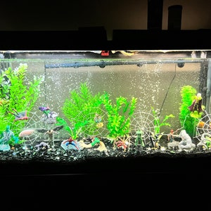 May include: A decorated aquarium with green plants, miniature superhero figurines, and white spiderwebs. The tank is filled with water and has a black gravel base. The aquarium is lit from above.