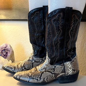 May include: A pair of cowboy boots with a snakeskin pattern on the foot and a black leather upper. The boots have decorative stitching and a pointed toe. The boots are displayed on a light-colored surface.