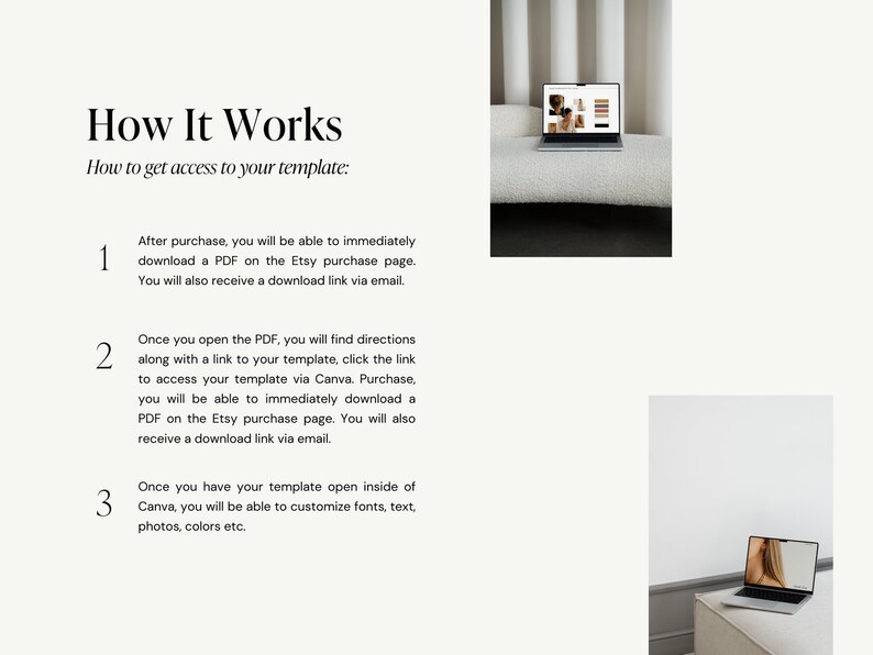 Puede incluir: Una gu&iacute;a de tres pasos sobre c&oacute;mo acceder y personalizar una plantilla digital. La gu&iacute;a incluye instrucciones para descargar un archivo PDF, acceder a la plantilla a trav&eacute;s de Canva y personalizar las fuentes, el texto, las fotos y los colores.