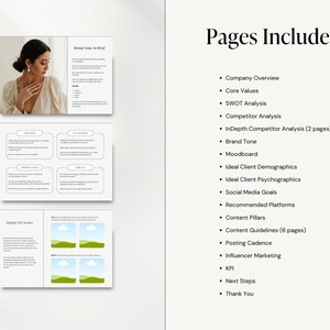 Puede incluir: Una lista de las p&aacute;ginas incluidas en una gu&iacute;a de marca. Las p&aacute;ginas incluyen: Descripci&oacute;n general de la empresa, Valores fundamentales, An&aacute;lisis FODA, An&aacute;lisis de la competencia, An&aacute;lisis en profundidad de la competencia, Tono de la marca, Moodboard, Demograf&iacute;a del cliente ideal, Psicograf&iacute;a del cliente ideal, Objetivos de las redes sociales, Plataformas recomendadas, Pilares de contenido, Pautas de contenido, Cadencia de publicaci&oacute;n, Marketing de influencers, KPI, Pr&oacute;ximos pasos y Agradecimiento.