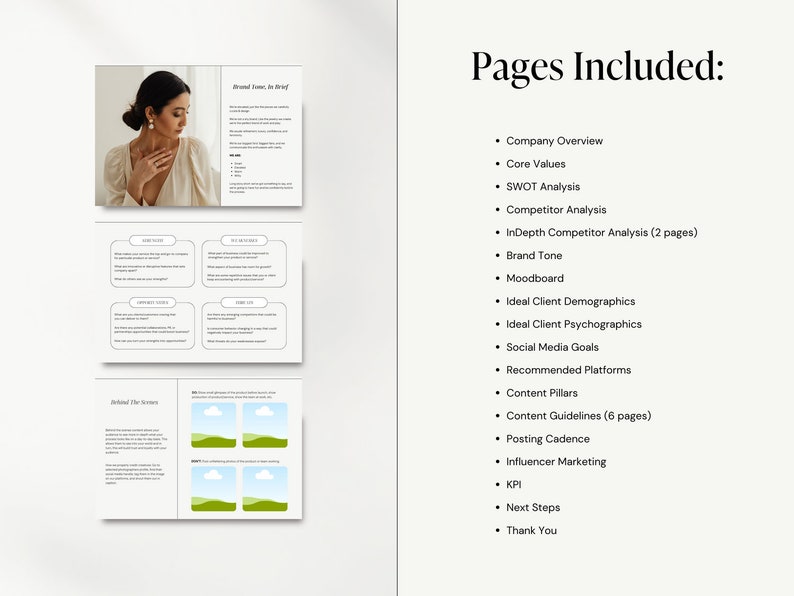 Puede incluir: Una lista de las p&aacute;ginas incluidas en una gu&iacute;a de marca. Las p&aacute;ginas incluyen: Descripci&oacute;n general de la empresa, Valores fundamentales, An&aacute;lisis FODA, An&aacute;lisis de la competencia, An&aacute;lisis en profundidad de la competencia, Tono de la marca, Moodboard, Demograf&iacute;a del cliente ideal, Psicograf&iacute;a del cliente ideal, Objetivos de las redes sociales, Plataformas recomendadas, Pilares de contenido, Pautas de contenido, Cadencia de publicaci&oacute;n, Marketing de influencers, KPI, Pr&oacute;ximos pasos y Agradecimiento.