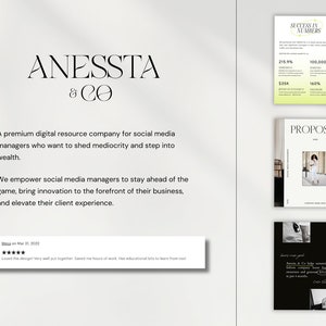 Puede incluir: Un dise&ntilde;o gr&aacute;fico en blanco y negro con el texto "ANESSTA & CO" en una fuente serif. El texto est&aacute; centrado en la p&aacute;gina. Debajo del texto hay una descripci&oacute;n de la empresa como una empresa de recursos digitales premium para los gerentes de redes sociales. El texto est&aacute; en una fuente sans-serif. La imagen tambi&eacute;n incluye un testimonio de un cliente. El testimonio est&aacute; en una fuente sans-serif y est&aacute; en un cuadro blanco con un borde negro. La imagen tambi&eacute;n incluye un gr&aacute;fico con el texto "SUCCESS IN NUMBERS" en una fuente serif. El gr&aacute;fico est&aacute; en un esquema de color amarillo y verde. El gr&aacute;fico incluye el texto "215,9&nbsp;%", "100&nbsp;000", "35&nbsp;000&nbsp;&euro;" y "160&nbsp;%". La imagen tambi&eacute;n incluye un gr&aacute;fico con el texto "PROPOSAL" en una fuente serif. El gr&aacute;fico est&aacute; en un esquema de color blanco y negro. El gr&aacute;fico incluye una foto de una mujer con un vestido blanco.