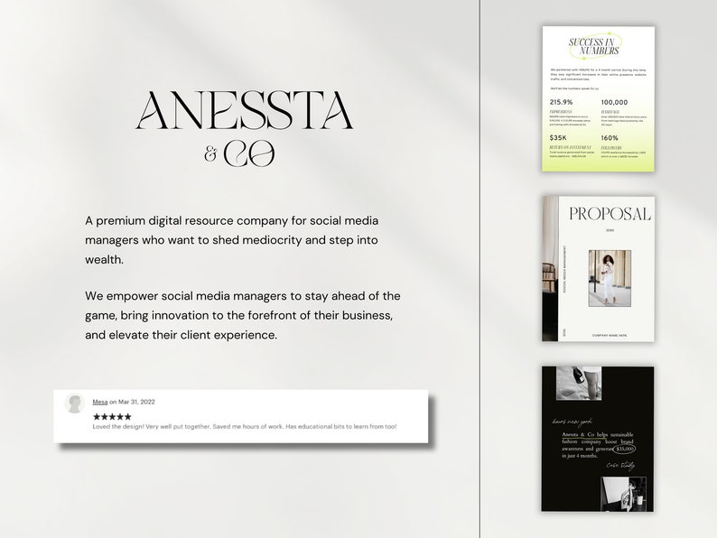 Puede incluir: Un dise&ntilde;o gr&aacute;fico en blanco y negro con el texto "ANESSTA & CO" en una fuente serif. El texto est&aacute; centrado en la p&aacute;gina. Debajo del texto hay una descripci&oacute;n de la empresa como una empresa de recursos digitales premium para los gerentes de redes sociales. El texto est&aacute; en una fuente sans-serif. La imagen tambi&eacute;n incluye un testimonio de un cliente. El testimonio est&aacute; en una fuente sans-serif y est&aacute; en un cuadro blanco con un borde negro. La imagen tambi&eacute;n incluye un gr&aacute;fico con el texto "SUCCESS IN NUMBERS" en una fuente serif. El gr&aacute;fico est&aacute; en un esquema de color amarillo y verde. El gr&aacute;fico incluye el texto "215,9&nbsp;%", "100&nbsp;000", "35&nbsp;000&nbsp;&euro;" y "160&nbsp;%". La imagen tambi&eacute;n incluye un gr&aacute;fico con el texto "PROPOSAL" en una fuente serif. El gr&aacute;fico est&aacute; en un esquema de color blanco y negro. El gr&aacute;fico incluye una foto de una mujer con un vestido blanco.