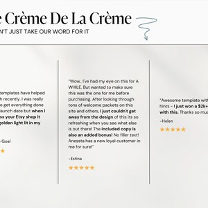 Puede incluir: Tres testimonios de clientes para plantillas de tienda Etsy. El primer testimonio dice: "Tus plantillas de Etsy me han ayudado mucho &uacute;ltimamente. Realmente estaba luchando para hacer todo antes de la fecha de lanzamiento, pero cuando me encontr&eacute; con tu tienda de Etsy, fue como una luz dorada que se encendi&oacute; en mi cerebro." El segundo testimonio dice: "Wow... He tenido el ojo puesto en esto por un tiempo. Pero quer&iacute;a asegurarme de que este era el adecuado para m&iacute; antes de comprarlo. Despu&eacute;s de mirar toneladas de paquetes de bienvenida en este sitio y otros, simplemente no pude alejarme del dise&ntilde;o de este, es tan refrescante cuando ves lo que hay m&aacute;s all&aacute;. &iexcl;El texto incluido tambi&eacute;n es una ventaja adicional! &iexcl;Sin texto de relleno! Anessta tiene un nuevo cliente fiel en m&iacute; para siempre!" El tercer testimonio dice: "Plantilla incre&iacute;ble con sugerencias de copia - Acabo de ganar un proyecto de m&aacute;s de 2.000 &euro; con esto. &iexcl;Muchas gracias!"