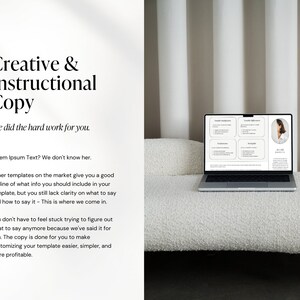 Puede incluir: Un ordenador port&aacute;til con un fondo blanco que muestra un documento con el texto "Creative & Instructional Copy" y "We did the hard work for you." El documento tambi&eacute;n incluye una lista de vi&ntilde;etas con el texto "Lorem Ipsum Text? We don't know her." y "Other templates on the market give you a good outline of what info you should include in your template, but you still lack clarity on what to say and how to say it - This is where we come in." El documento tambi&eacute;n incluye el texto "You don't have to feel stuck trying to figure out what to say anymore because we've said it for you. The copy is done for you to make customizing your template easier, simpler, and more profitable."