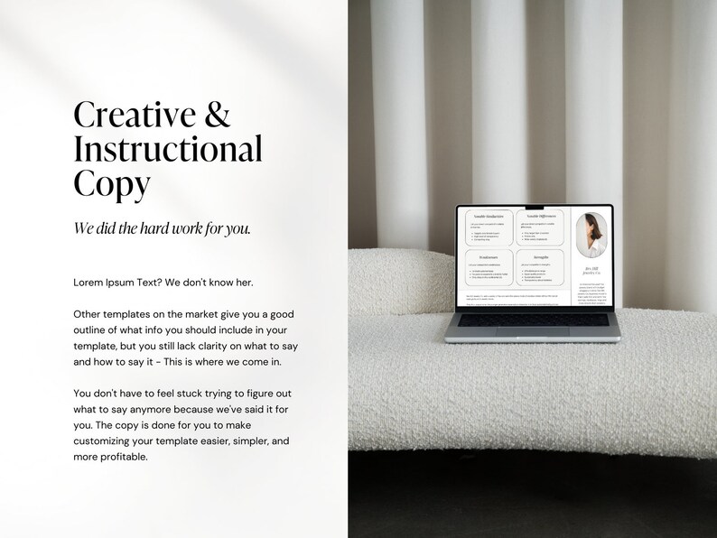 Puede incluir: Un ordenador port&aacute;til con un fondo blanco que muestra un documento con el texto "Creative & Instructional Copy" y "We did the hard work for you." El documento tambi&eacute;n incluye una lista de vi&ntilde;etas con el texto "Lorem Ipsum Text? We don't know her." y "Other templates on the market give you a good outline of what info you should include in your template, but you still lack clarity on what to say and how to say it - This is where we come in." El documento tambi&eacute;n incluye el texto "You don't have to feel stuck trying to figure out what to say anymore because we've said it for you. The copy is done for you to make customizing your template easier, simpler, and more profitable."