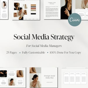 Puede incluir: Una gu&iacute;a de estrategia de redes sociales para gerentes, con una portada que presenta a una mujer usando joyas y el texto "Social Media Strategy" y "For Social Media Managers". La gu&iacute;a incluye 25 p&aacute;ginas, es totalmente personalizable e incluye 100% de copia lista para usar.