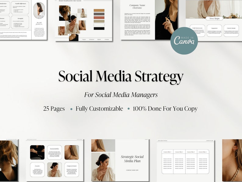 Puede incluir: Una gu&iacute;a de estrategia de redes sociales para gerentes, con una portada que presenta a una mujer usando joyas y el texto "Social Media Strategy" y "For Social Media Managers". La gu&iacute;a incluye 25 p&aacute;ginas, es totalmente personalizable e incluye 100% de copia lista para usar.