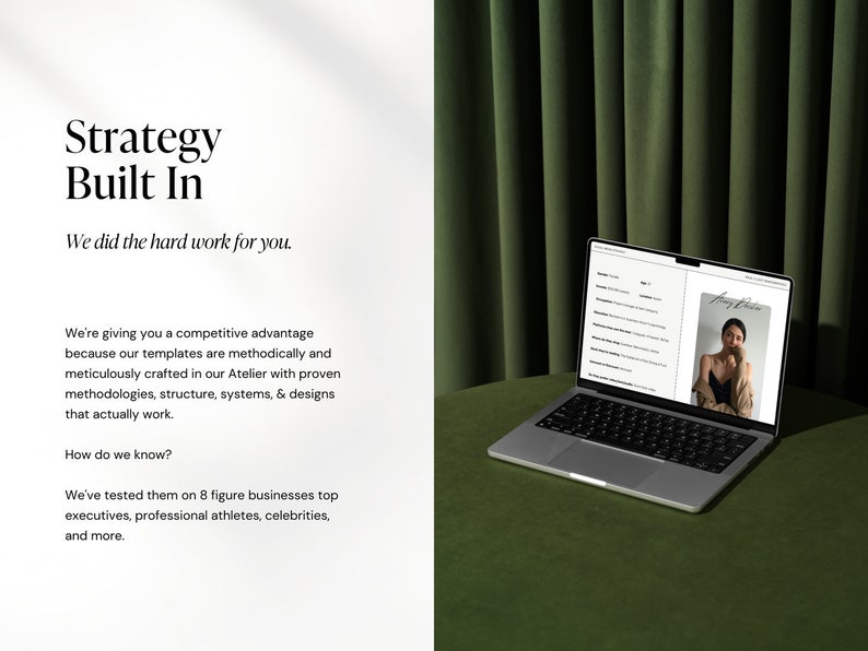 Puede incluir: Un ordenador port&aacute;til con un fondo verde. La pantalla muestra un documento con una lista de elementos y una foto de una mujer. El texto en la pantalla dice "Strategy Built In".