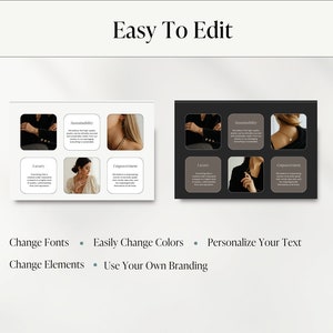 Puede incluir: Dos im&aacute;genes que muestran un fondo blanco y un fondo negro con cuatro cuadrados cada uno. Cada cuadrado contiene una foto de una persona que lleva joyas. El texto "Easy To Edit" est&aacute; en la parte superior de la imagen. Debajo de las im&aacute;genes, se muestra el texto "Change Fonts", "Change Elements", "Easily Change Colors", "Personalize Your Text" y "Use Your Own Branding".
