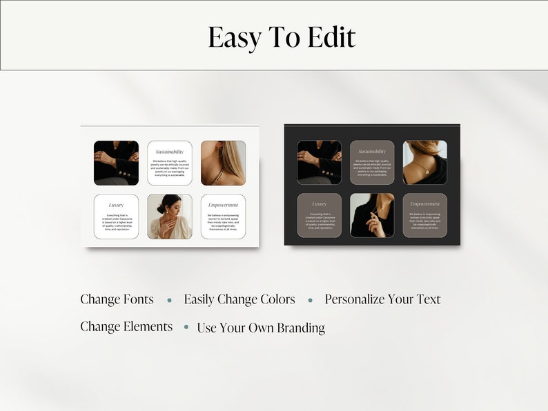 Puede incluir: Dos im&aacute;genes que muestran un fondo blanco y un fondo negro con cuatro cuadrados cada uno. Cada cuadrado contiene una foto de una persona que lleva joyas. El texto "Easy To Edit" est&aacute; en la parte superior de la imagen. Debajo de las im&aacute;genes, se muestra el texto "Change Fonts", "Change Elements", "Easily Change Colors", "Personalize Your Text" y "Use Your Own Branding".
