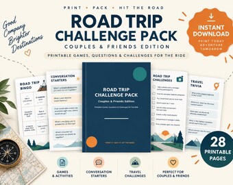 Road Trip Games Printable for Couples & Friends, 28 Page Travel Activity Pack