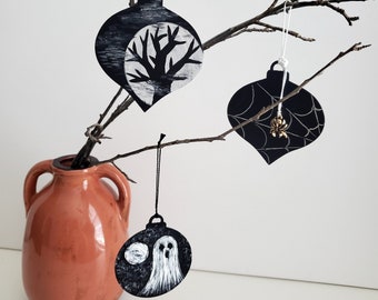Halloween Ornaments; Hand Painted Spooky Wooden Ornaments