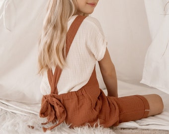 Organic muslin dungarees with ties, various tying options, short salopettes, harem pants, casual dungarees for boys, girls, and babies, sizes 50-128